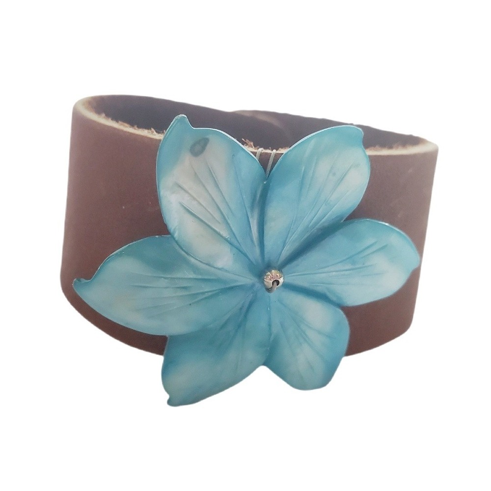 Handmade Brown Leather Cuff Bracelet Blue Carved Shell Flower Snap Closure Boho